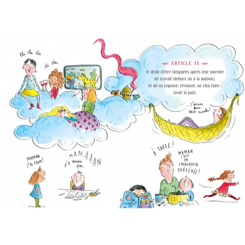 Illustration humoristique montrant des enfants et des adultes dans des nuages, illustrant le droit de se reposer et de profiter de moments de détente après le travail.