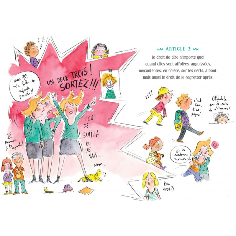 Une illustration humoristique montrant des femmes s'exclamant 'Un deux trois, sortez!' avec des enfants en arrière-plan, accompagnées de divers personnages et expressions de surprise et de mécontentement.