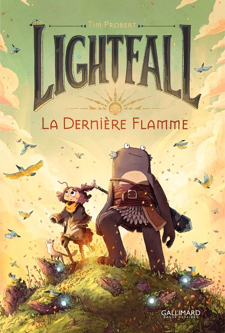 Couverture du livre 'Lightfall : La Dernière Flamme' de Tim Probert, montrant une jeune fille et un personnage ressemblant à un monstre sur une colline, entourés d'oiseaux.
