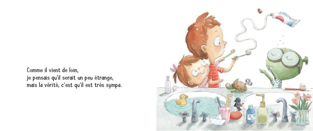 Une illustration d'enfants s'amusant dans la salle de bain avec un personnage vert, utilisant une brosse à dents et un tube de dentifrice.