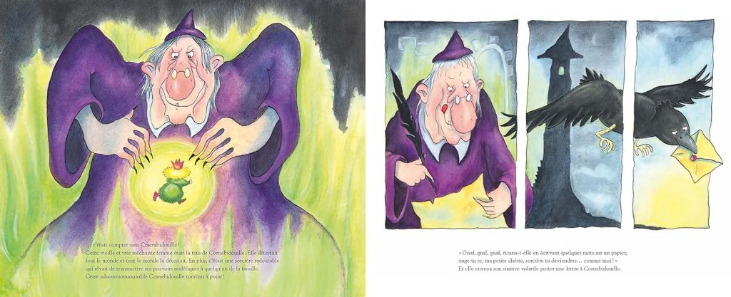 Une sorcière en robe violette tenant une grenouille brillante dans ses mains, entourée d'une lumière verte.