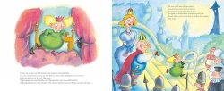 Illustration colorée d'un conte de fées montrant une princesse enroulée dans des draps sur la gauche, et un roi et une autre princesse sur la droite, avec des châteaux en arrière-plan.