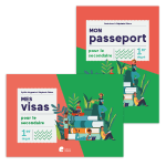 Couvertures de documents éducatifs intitulés 'Mon passeport' et 'Mon visas' avec des illustrations de personnes et de livres.