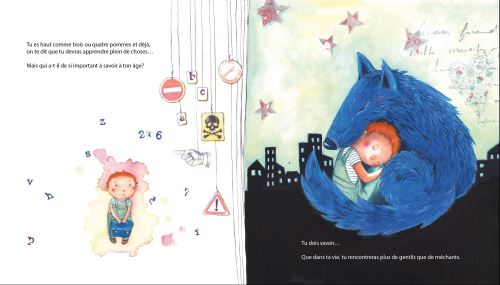 Illustration d'un enfant allongé sur un nuage à gauche, entouré de divers symboles et chiffres, et à droite, un enfant assis devant un grand loup bleu dans un décor urbain sous un ciel étoilé.