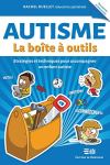Couverture du livre 'AUTISME: La boîte à outils', avec des illustrations de personnages et des outils pédagogiques sur un fond bleu.