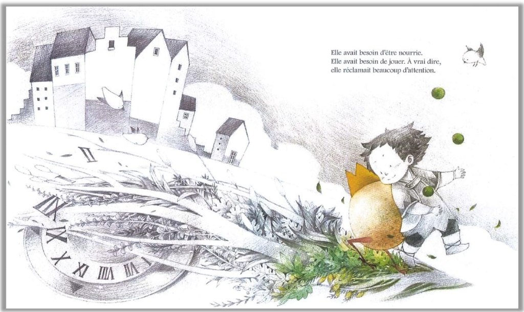 Une illustration représentant un enfant jouant avec un oiseau, entouré de maisons et d'éléments naturels, évoquant le besoin d'attention et de jeu.