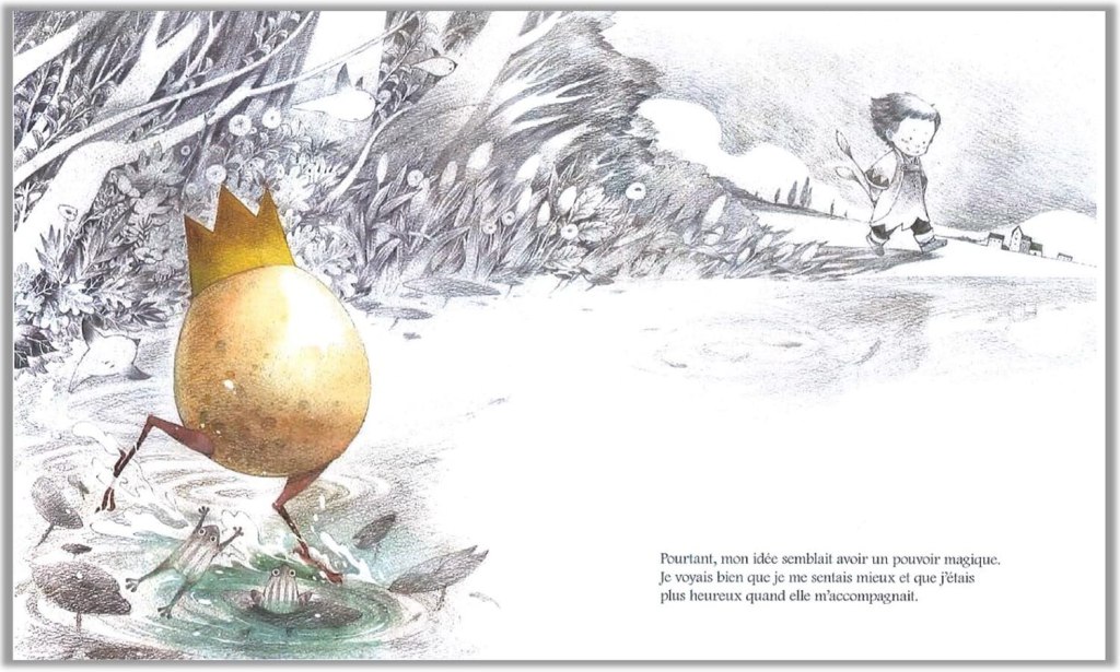 Une illustration d'un œuf avec une couronne marchant près de l'eau, avec des grenouilles en arrière-plan et un enfant s'éloignant au loin.