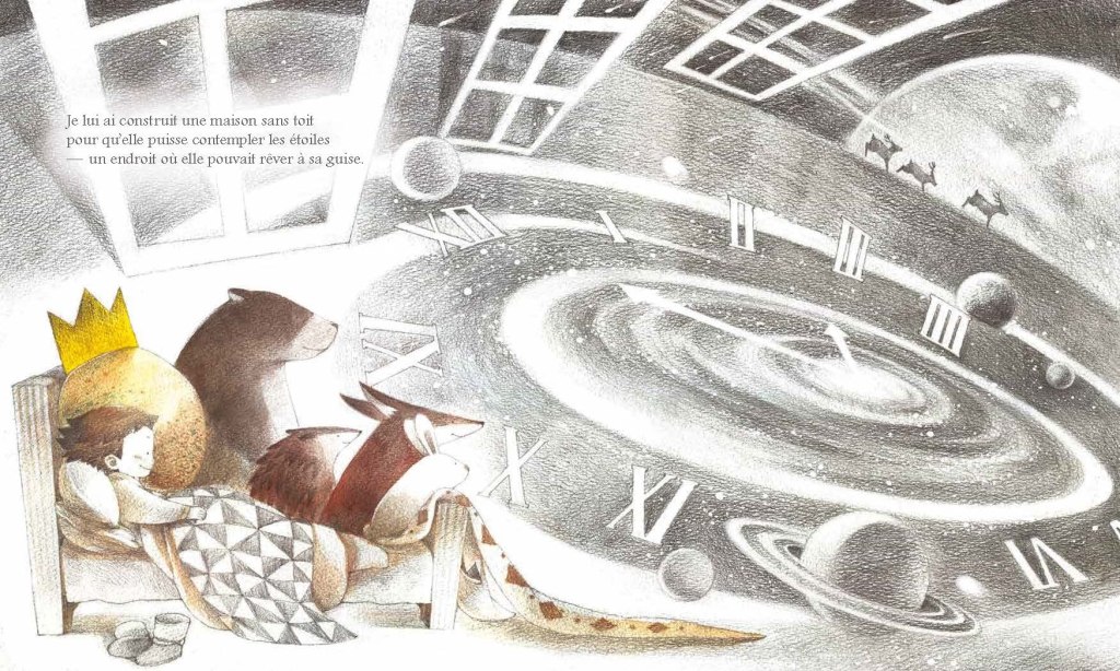 Un enfant avec une couronne dorée et deux animaux, un ours et un renard, sont allongés sur un lit sous un ciel étoilé, illustrant un rêve rempli d'éléments cosmiques et de montres.