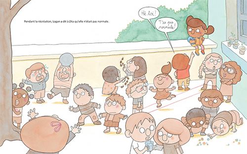 Illustration d'enfants jouant pendant la récréation, avec des personnages exprimant diverses émotions et interactions.
