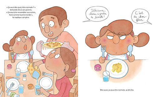 Une illustration d'une scène de repas familial avec une table, montrant des enfants et un adulte partageant un plat, avec des expressions joyeuses.