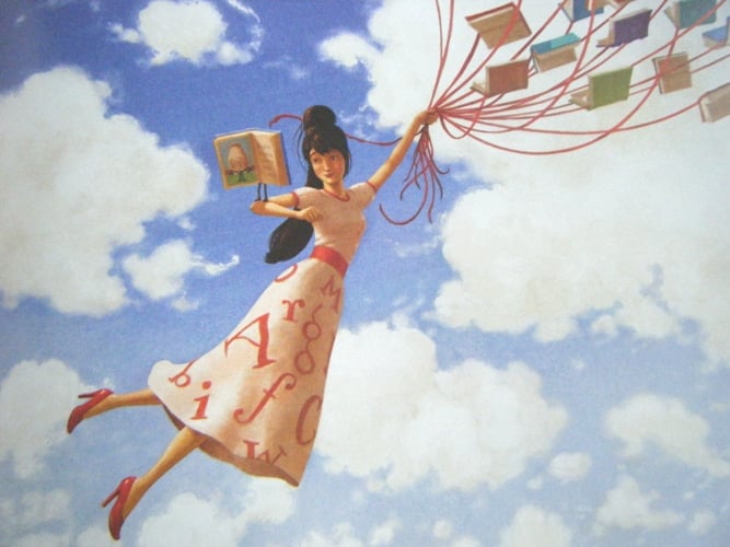 Une femme volante portant une jupe ornée de lettres, tenant un livre dans une main et des fils de livres flottant dans le ciel bleu parsemé de nuages.