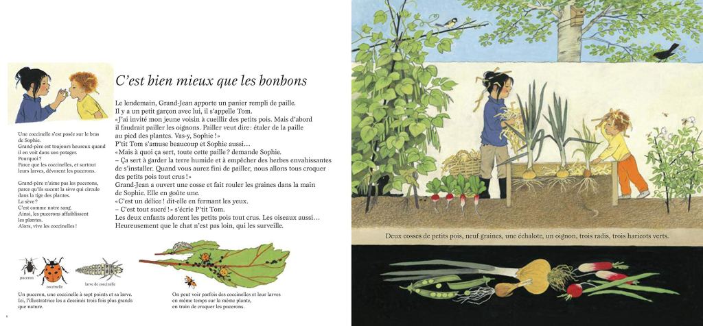 Illustration d'enfants cueillant des légumes dans un jardin, avec des plants de pois, d'oignons et de radis, entourés d'insectes et d'une nature verdoyante.