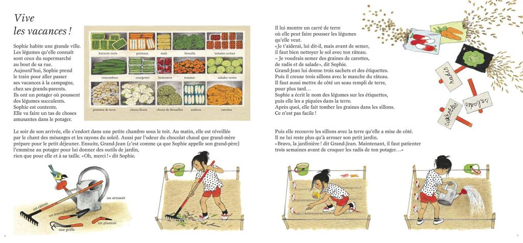 Une illustration d'une jeune fille, Sophie, entourée de légumes colorés sur une table, préparant à planter un jardin avec son grand-père.