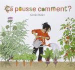 Couverture d'un livre intitulé 'Ça pousse comment ?', montrant un enfant arrosant des plantes dans un jardin.