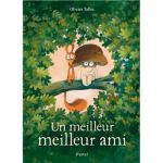 Couverture du livre 'Un meilleur meilleur ami' avec un chat et un écureuil sur une branche entourée de feuillage vert.