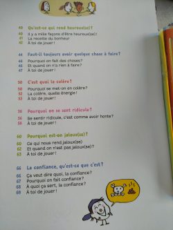 Page de questions sur le bonheur, la confiance et les émotions, avec des illustrations en couleur et des numéros associés.