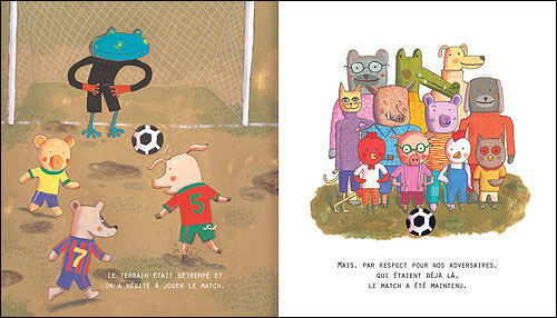Illustration d'un match de football mettant en scène des animaux, avec des personnages comme des ours, des grenouilles et des chiens, sur le terrain et autour.