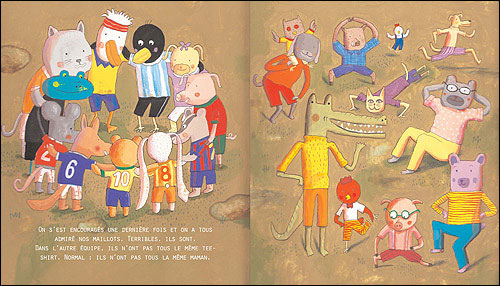 Une illustration colorée d'animaux anthropomorphes en train de jouer et de se défouler dans un cadre joyeux. Ils portent des maillots de sport et montrent des expressions amusantes.