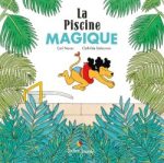 Couverture du livre 'La Piscine Magique' avec un chien sautant dans une piscine, entouré de feuillages.