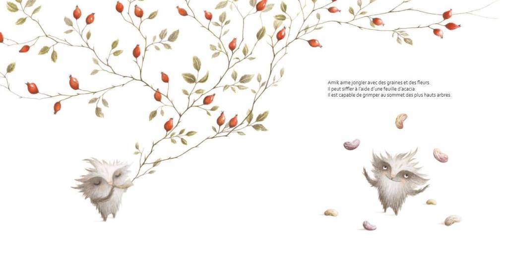 Illustration d'un animal mignon et fluffy, entouré de branches fleuries avec des baies rouges. L'animal jongle avec des graines et des fleurs.
