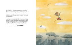 Illustration d'un enfant sautant joyeusement dans un ciel jaune, entouré de nuages, au-dessus d'une ville en arrière-plan.