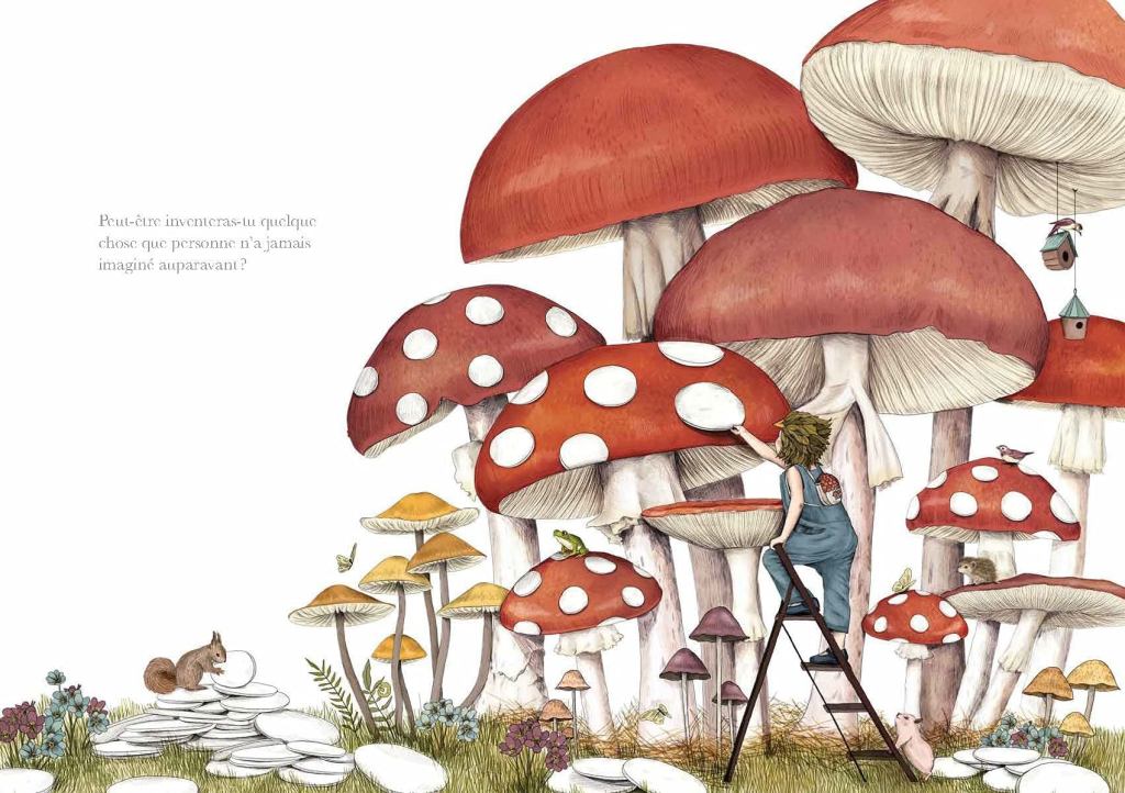 Un enfant grimpe sur une échelle pour peindre des champignons géants dans un paysage féérique, entouré de petites créatures animales.
