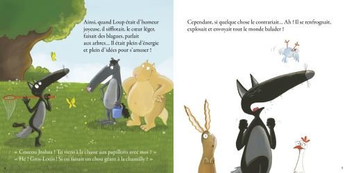 Illustration d'un loup et d'autres animaux dans un parc, avec le loup portant un chapeau et tenant une raquette, dégageant une atmosphère joyeuse.
