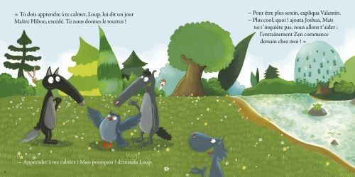 Une illustration colorée montrant un loup et un oiseau, avec des arbres et un étang en arrière-plan. Le loup semble curieux et l'oiseau lui parle. Des personnages supplémentaires sont présents dans un décor de nature apaisante.