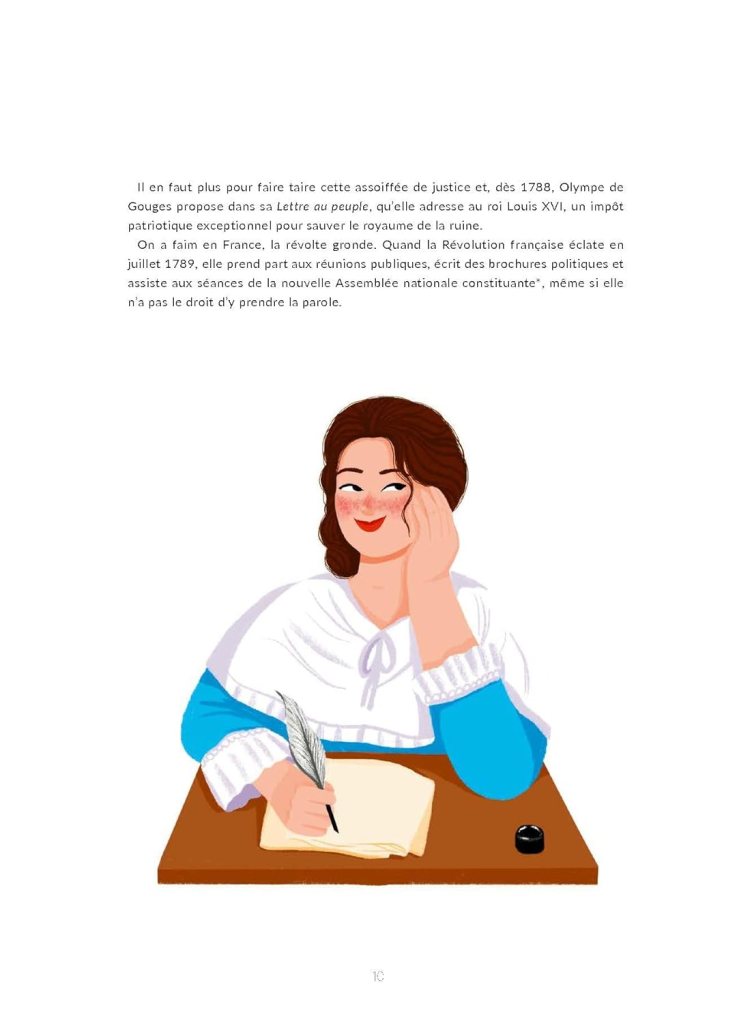 Illustration d'une femme au XVIIIe siècle, écrivant à une table avec une plume et du papier, réfléchissant avec une main sur le visage.