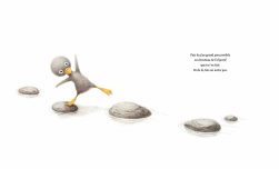 Un oiseau maladroit marchant sur des pierres, avec un fond blanc et un texte à droite.