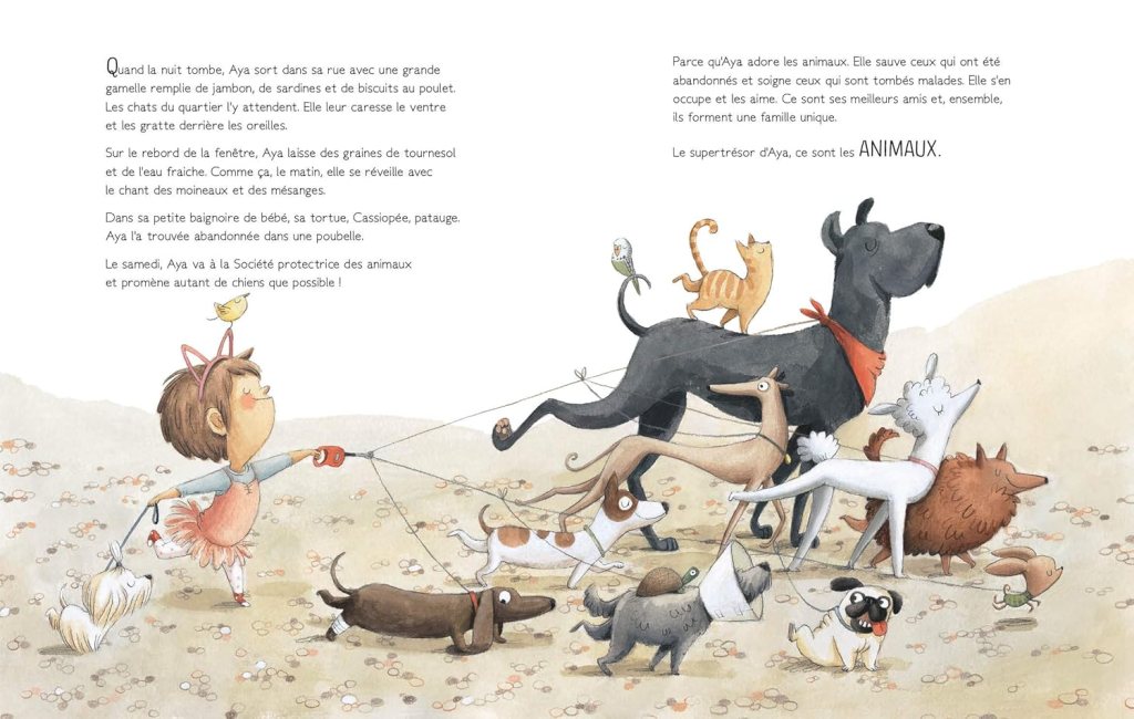Illustration d'Aya, une jeune fille avec des oreilles de chat, promenant plusieurs animaux, dont des chiens et un chat. Elle tient en laisse un grand chien noir portant un foulard rouge, tandis que d'autres chiens de différentes tailles et races l'entourent. L'arrière-plan montre un paysage simple et sableux, créant une ambiance chaleureuse et amicale.
