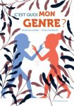 Illustration colorée de deux silhouettes, un garçon et une fille, interagissant sur un fond de feuillages, avec le texte 'C'est quoi mon genre ?' en haut.
