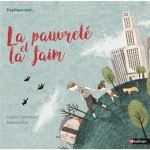 Couverture du livre 'La pauvreté et la faim', illustrée avec des éléments graphiques évoquant des enfants et une ville.
