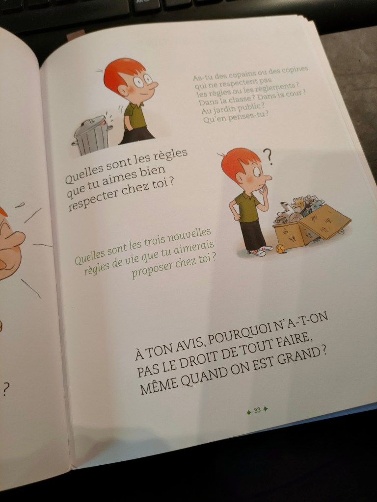Une page de livre illustrée avec des personnages de style bande dessinée discutant des règles personnelles et des comportements en groupe.