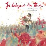 Illustration d'un jeune garçon tenant un bouquet de fleurs, entouré d'un champ coloré avec des éclaboussures de peinture.