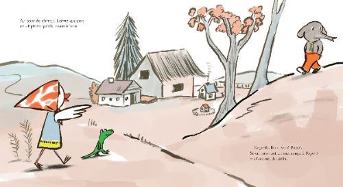 Une illustration colorée montrant un personnage avec un chapeau à motifs marchant avec un petit crocodile sur un chemin, tandis qu'un éléphant les observe au loin, avec des maisons et des arbres en arrière-plan.