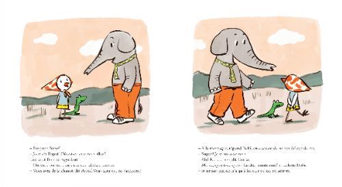 Une illustration d'un éléphant habillé en cravate et un enfant avec un foulard, parlant ensemble dans un paysage champêtre.