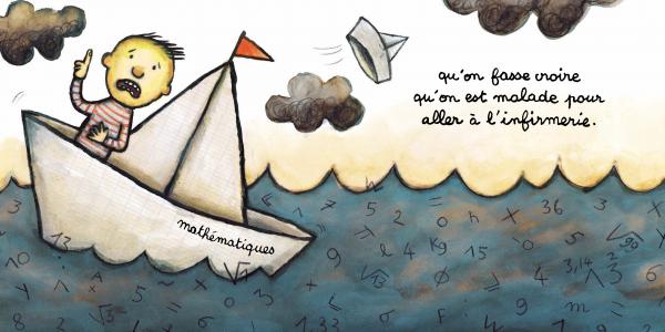 Un enfant sur un bateau en papier, avec des nuages sombres et des chiffres au fond, représentant des mathématiques.