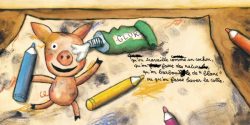 Illustration d'un cochon en train de dessiner avec des crayons de couleur sur un papier, accompagné de tubes de peinture.