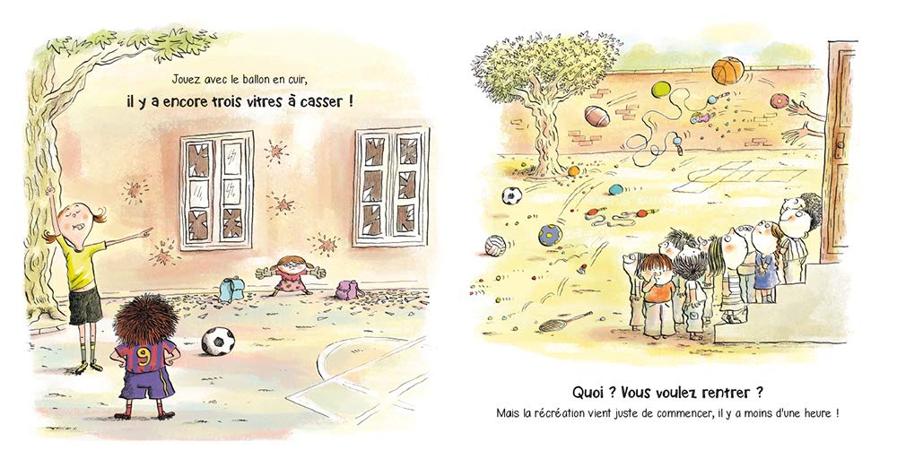 Illustration d'enfants jouant au football dans une cour d'école, avec des fenêtres brisées et des ballons éparpillés autour d'eux.