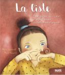 Couverture d'un livre intitulé 'La liste', montrant une jeune fille avec une expression curieuse, portant un haut à pois et un chignon, préparant à écrire sur sa main.