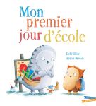 Illustration d'un livre pour enfants intitulé 'Mon premier jour d'école', montrant un hibou et un oiseau se préparant pour la rentrée scolaire.