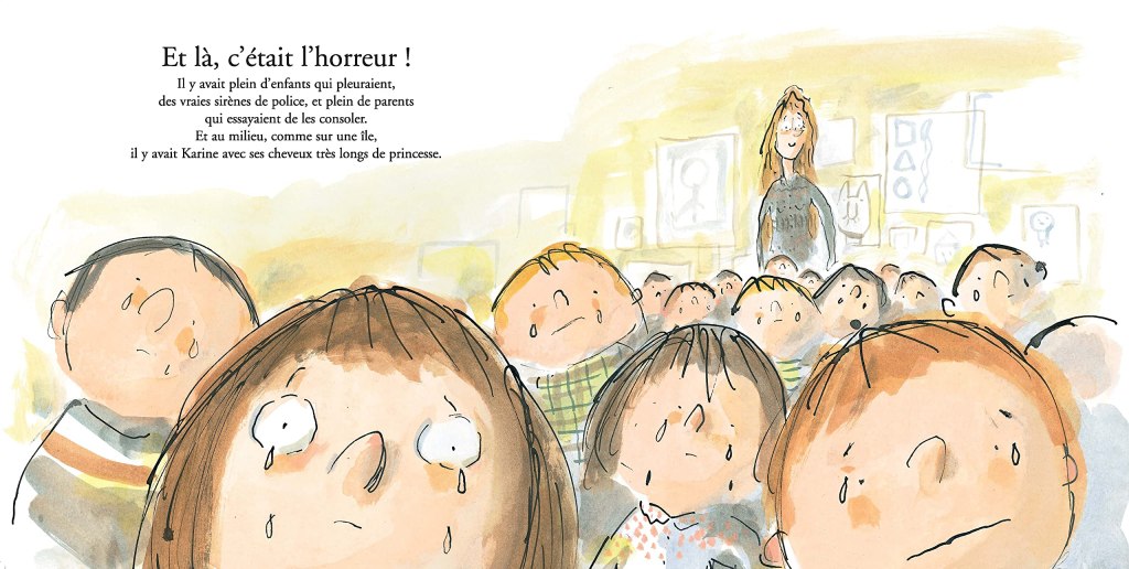 Illustration montrant un groupe d'enfants pleurant, entourés de parents et de sirènes de police, avec une figure féminine au centre, ayant de longs cheveux. L'ambiance est tragique et émotive.
