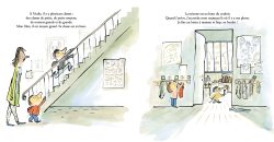 Une illustration montrant une scène intérieure avec un garçon et une femme montant un escalier, tandis qu'une autre partie montre un chien et des vêtements accrochés dans une pièce lumineuse.