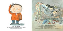 Illustration d'un enfant souriant avec un pull orange, saluant. À droite, une scène avec une maman penchée sur un enfant allongé, entourés de jouets et de vêtements éparpillés.