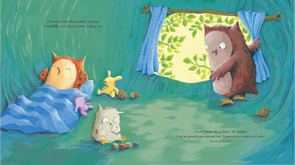 Une illustration vivante montrant un petit hibou dans un lit, entouré de jouets, tandis qu'un hibou adulte annonce le temps de se lever pour une grande journée.