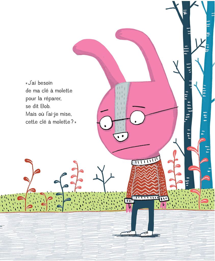 Un personnage de dessin animé, un lapin rose portant un pull à motifs et des lunettes, se tient sur un chemin avec des arbres et des plantes colorées en arrière-plan. À côté de lui, un texte indique qu'il cherche une clé à molette.