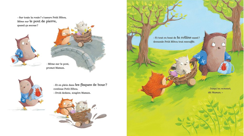 Illustration d'une scène d'un livre pour enfants montrant Petit Hibou, une chouette, interrogeant sa mère sur la sécurité sur un pont et dans des flaques de boue, avec d'autres animaux autour.