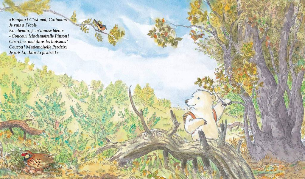 Illustration d'un ours en peluche tenant un livre, entouré d'arbres et de buissons colorés dans un paysage automnal. Des oiseaux sont perchés dans les arbres pendant que l'ours s'adresse à eux.
