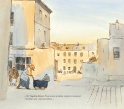 Une scène urbaine illustrée montrant une femme poussant un chariot, avec des bâtiments en arrière-plan et une ambiance douce au crépuscule.